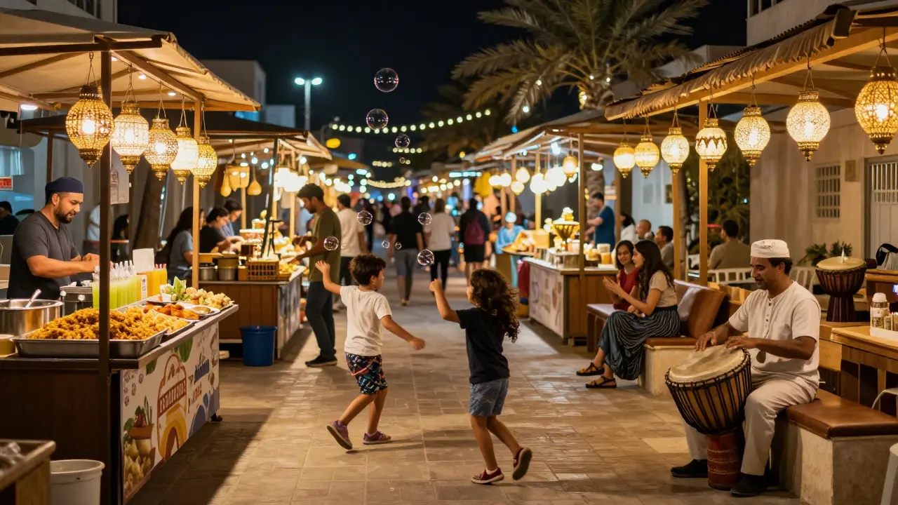 A lively night market with lanterns, food stalls, and children playing under string lights.