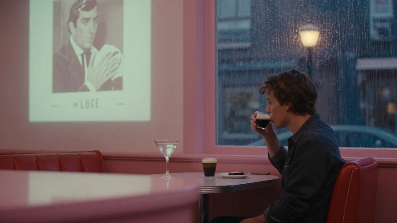 A lone person sipping espresso at Bar Luce at dawn, vintage Italian film playing softly on the wall.