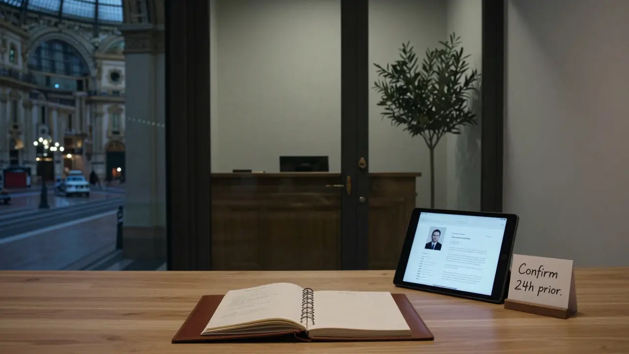 A minimalist escort agency office with a verified profile on a tablet and a leather client log.