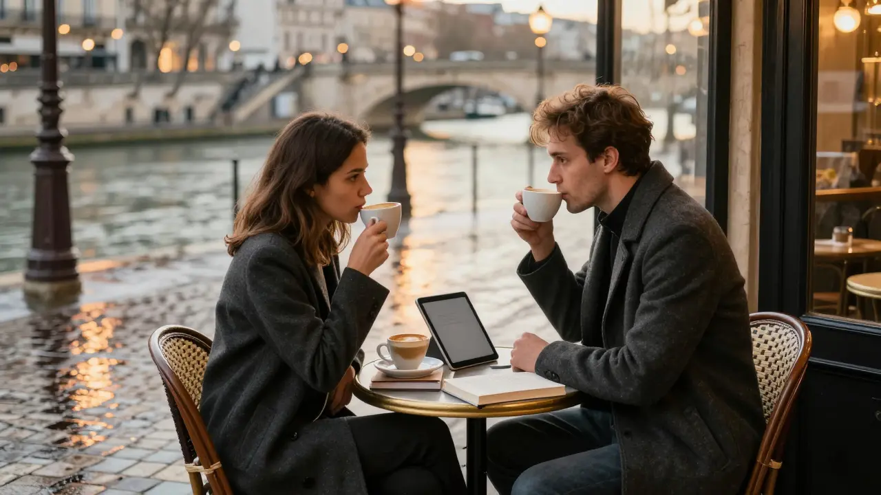 A modern companion and client sharing a quiet moment at a Paris café during golden hour.