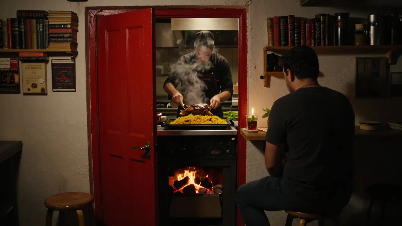 A Moroccan chef grills lamb in a hidden basement kitchen in Camden, candlelight illuminating saffron rice.