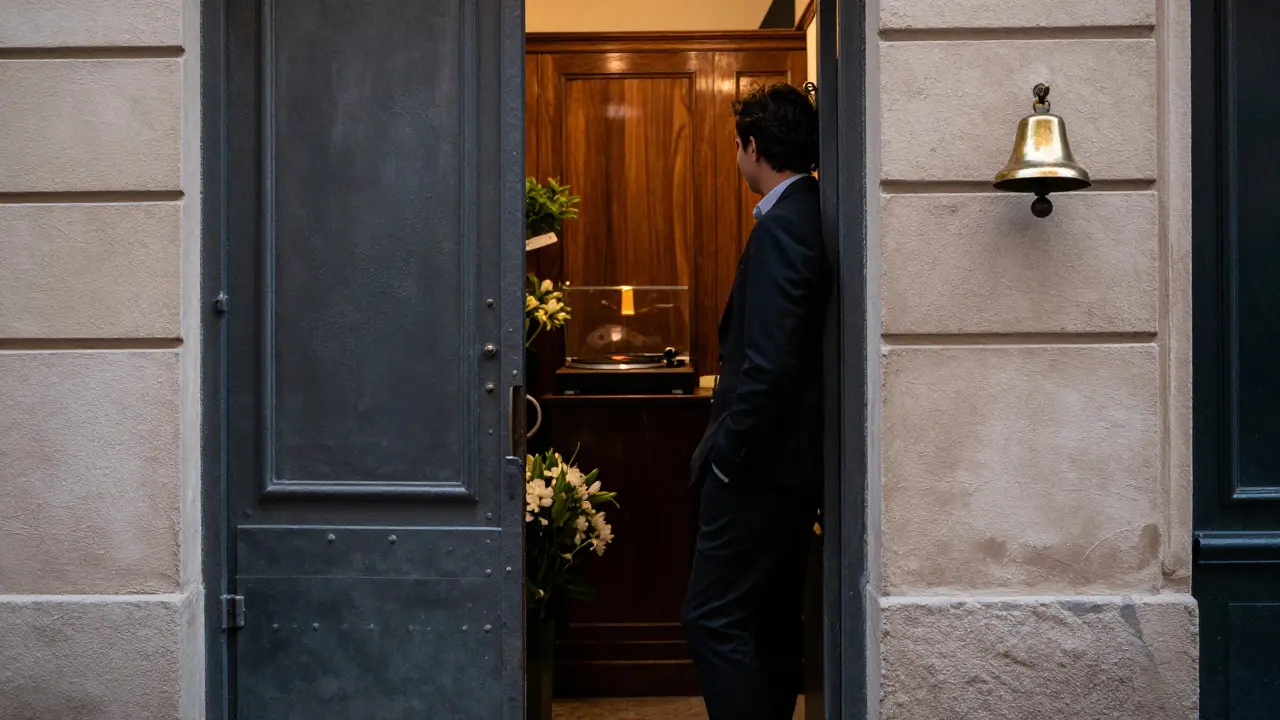 A narrow Parisian alley with a heavy metal door and brass bell, jazz music faintly audible from inside a dimly lit interior.