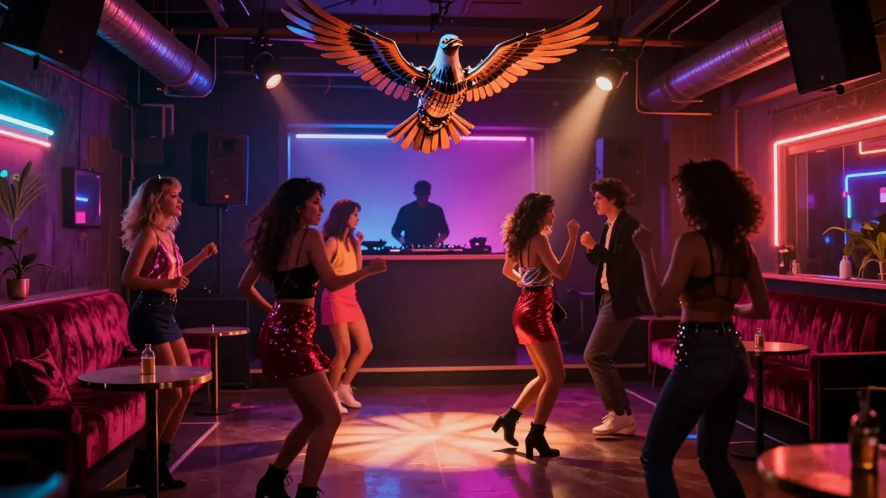 A neon-lit nightclub with a mechanical bird above dancers, blending 1980s loft style and surreal Parisian energy.