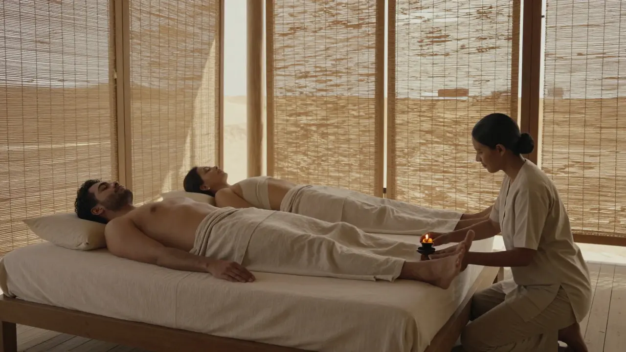 A peaceful couples’ spa moment in a desert pavilion, with soft light and quiet companionship.