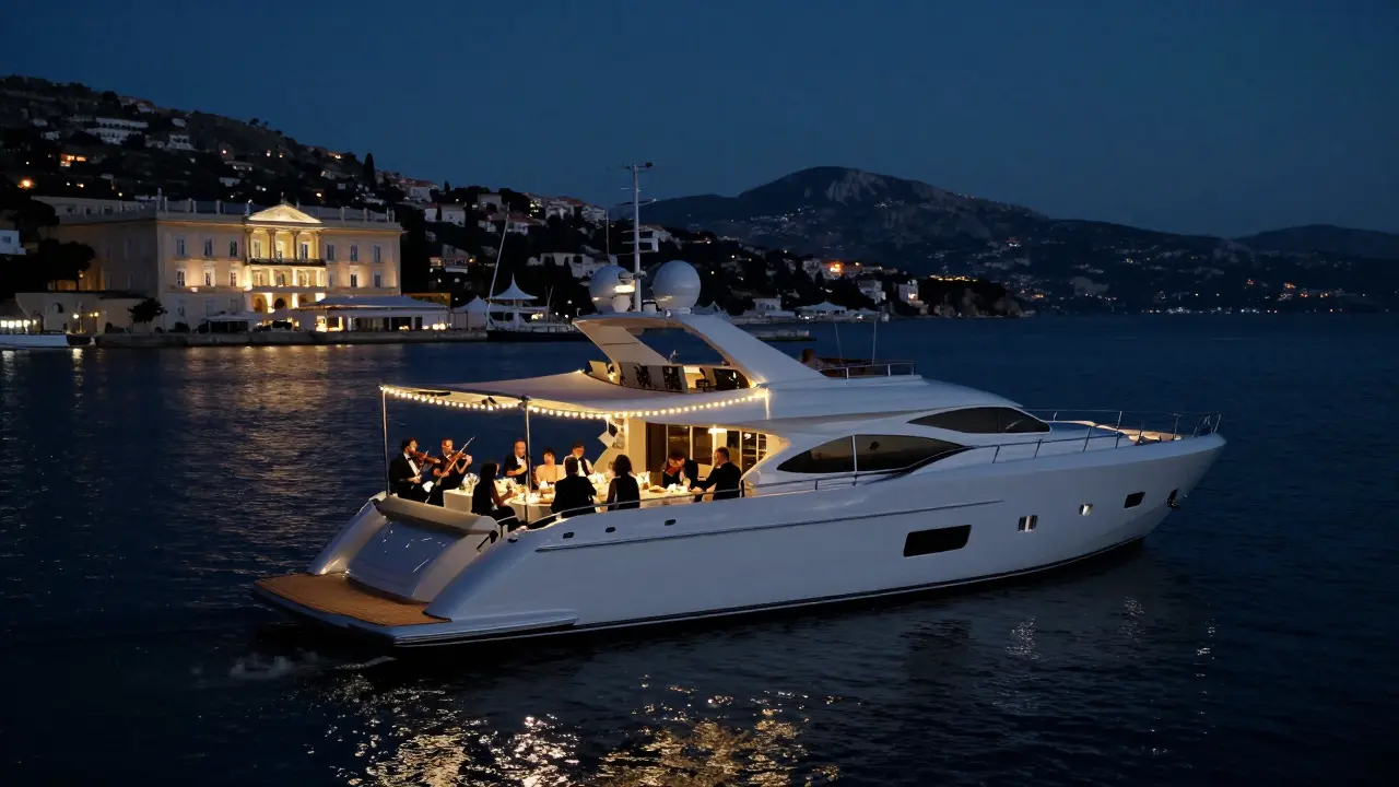 A private superyacht dinner under fairy lights on the Mediterranean, with a string quartet playing.