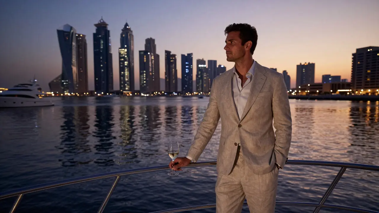 A private yacht at sunset with a sophisticated companion standing at the rail overlooking Dubai Marina.