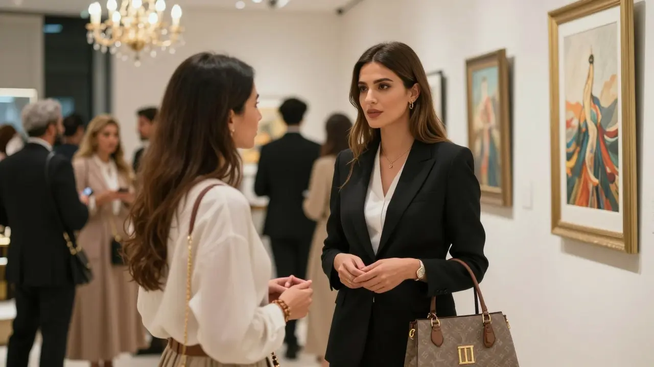 A professional companion and client at a Palm Jumeirah boutique, discussing art with elegant surroundings.