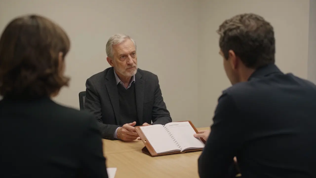 A professional interview in a discreet London office, no digital devices visible.