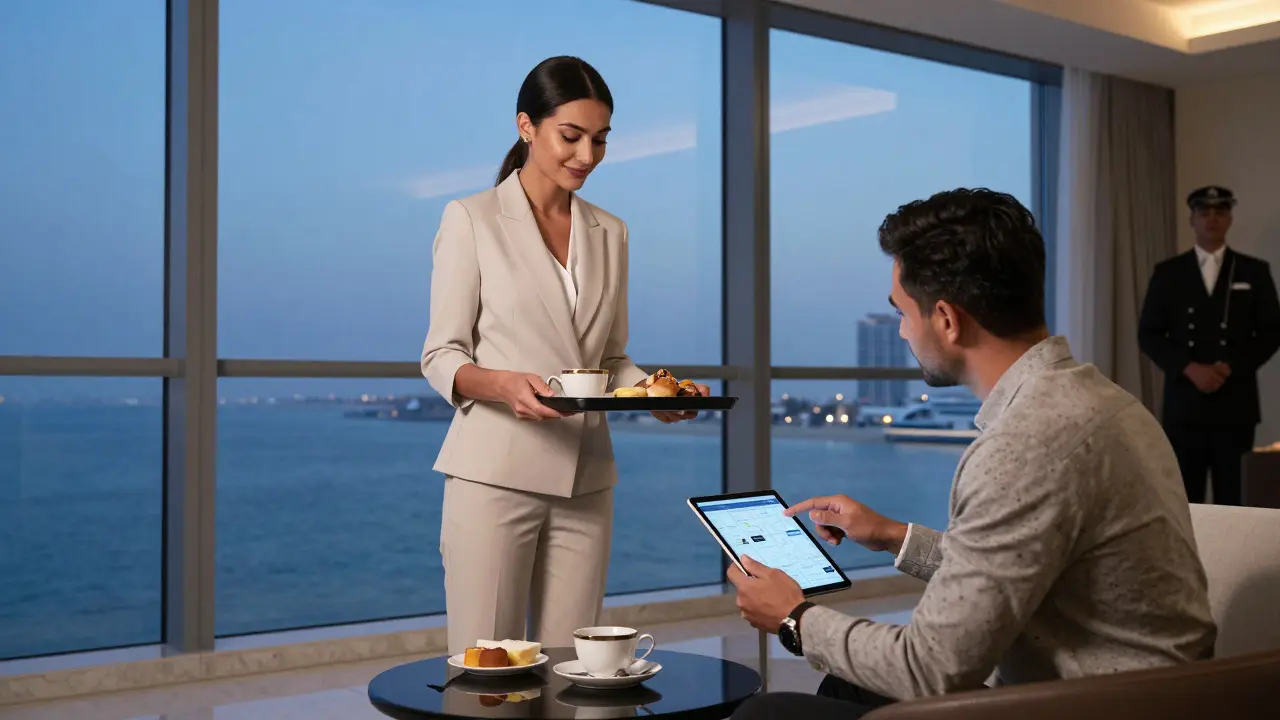 A professional woman prepares tea in a high-end apartment with panoramic Gulf views, emphasizing discretion and refined service.