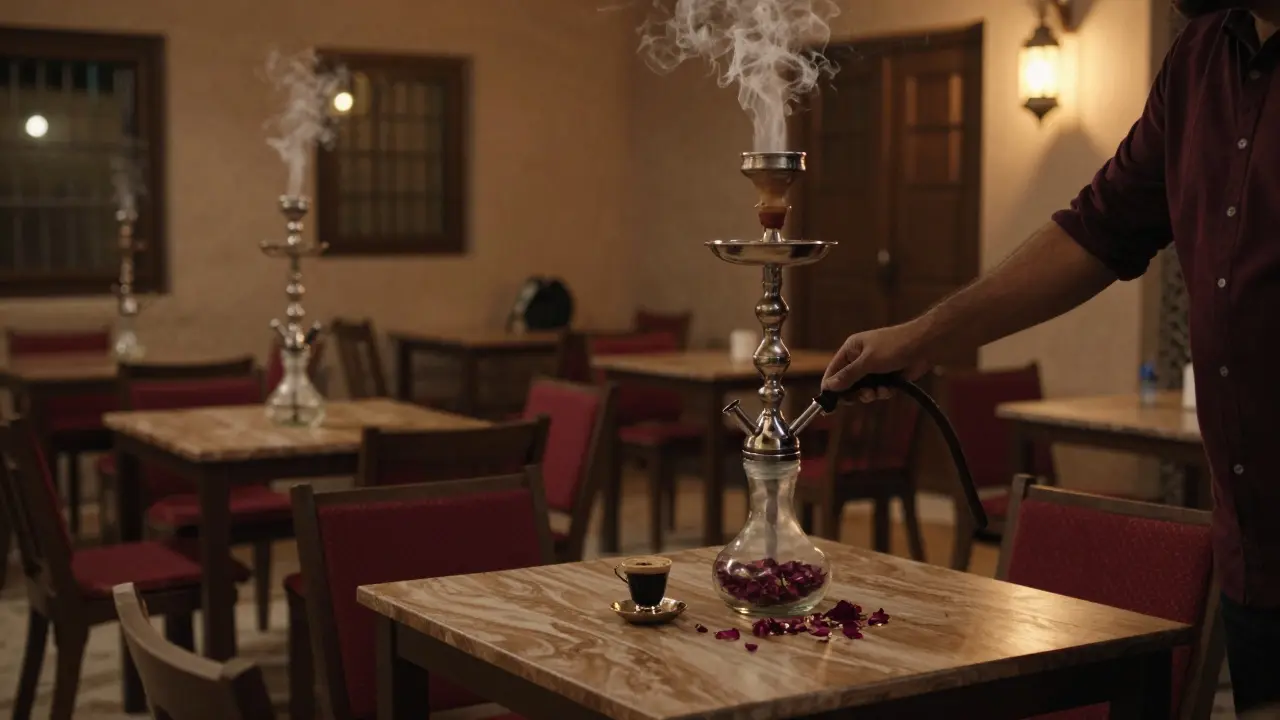 A quiet hidden shisha spot with a hand-blown glass hookah and Arabic coffee, lit by a single lantern in the dark.