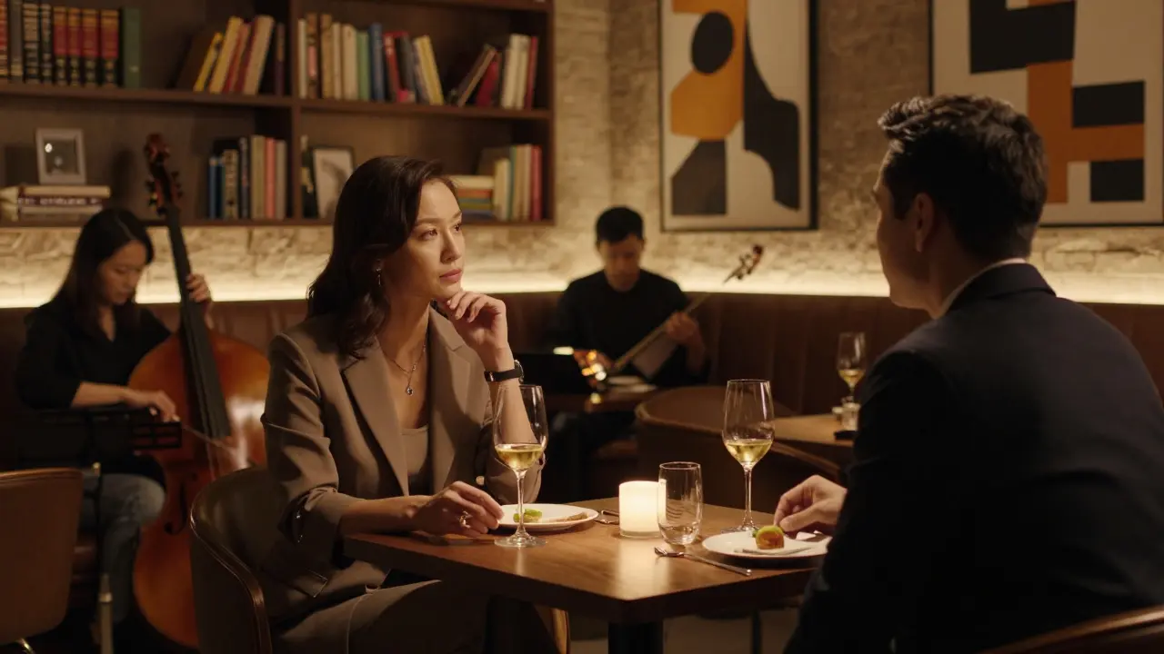 A refined companion in a luxury lounge engaging in quiet conversation with a client under soft lighting.