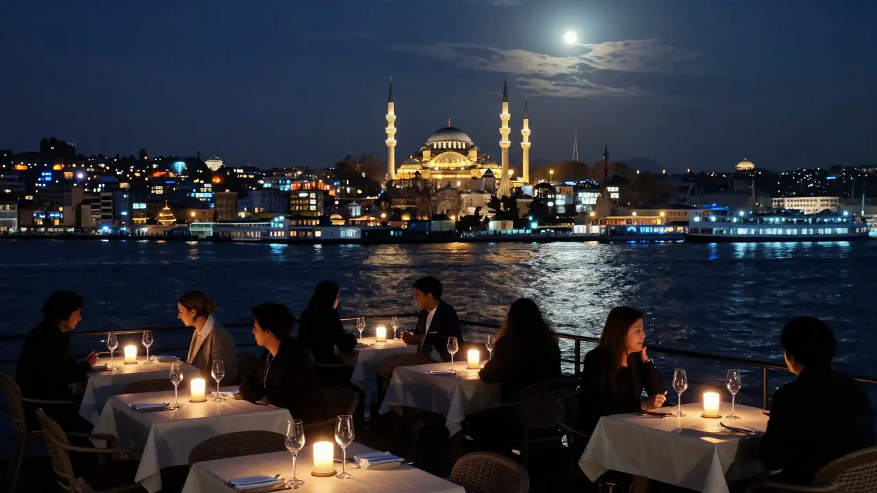 A rooftop bar at night with views of the Golden Horn and Sultanahmet Mosque, guests silhouetted against the city's glowing skyline.