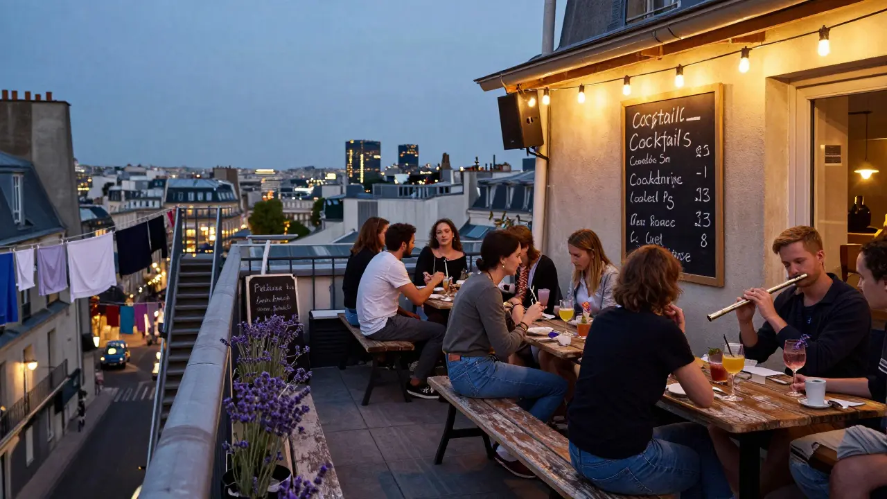 A rooftop terrace above a dry cleaner in Paris, lit by string lights, with patrons sipping cocktails and the city skyline in the background.