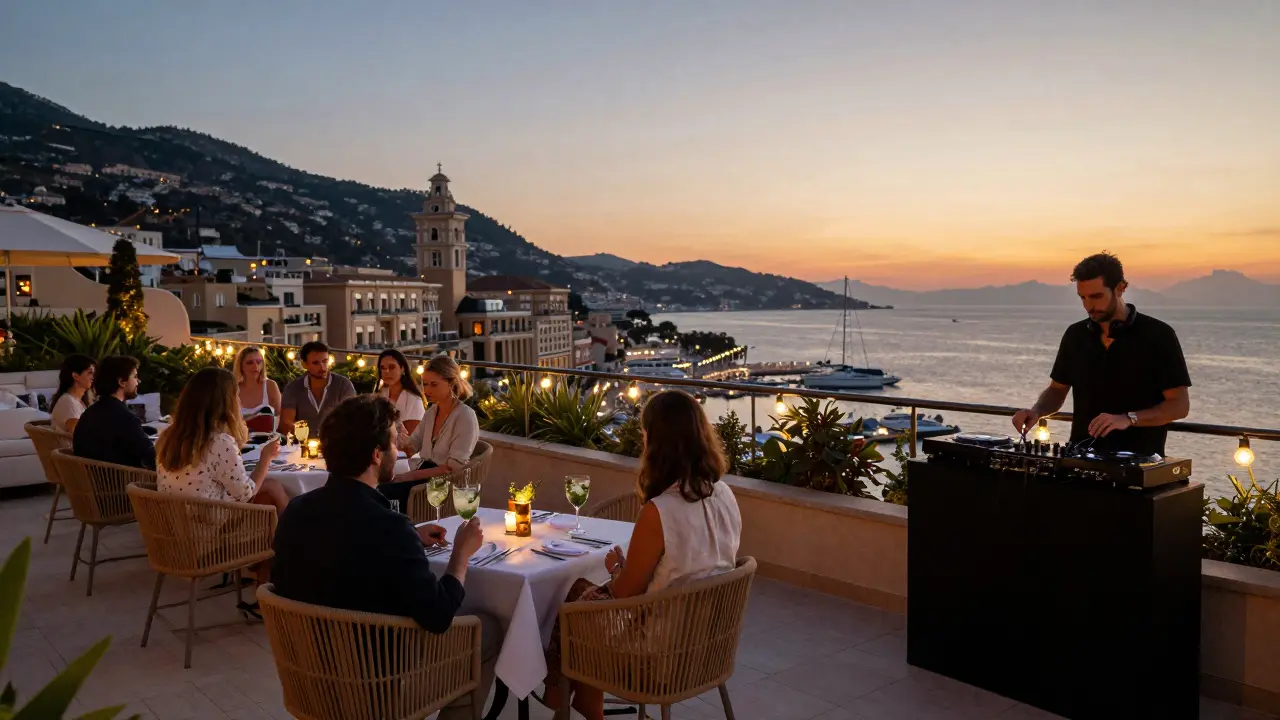 A rooftop terrace in Monte Carlo at sunset with guests sipping cocktails and overlooking the harbor.