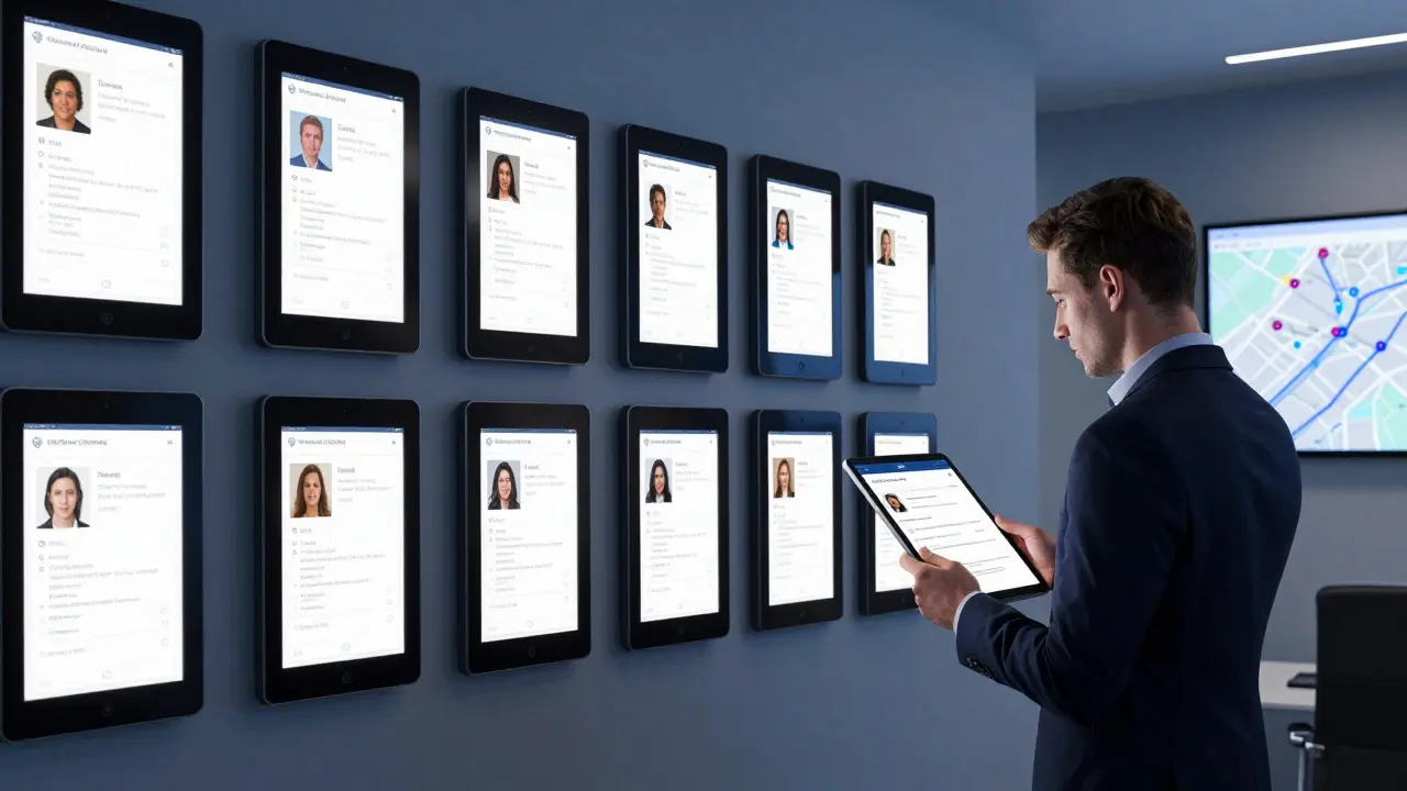 A secure agency room with encrypted devices and digital profiles, conveying discretion and professionalism.