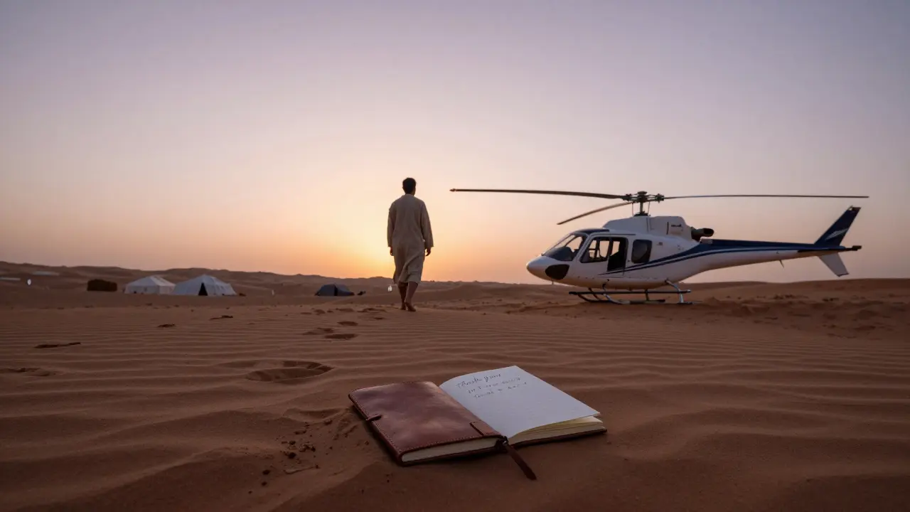 A solitary figure walking toward a helicopter at dawn in the desert, leaving behind an open journal in the sand.