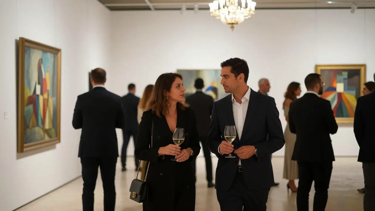 A sophisticated couple engages in calm conversation at an exclusive art gallery opening in Abu Dhabi, blending seamlessly into the elite crowd.