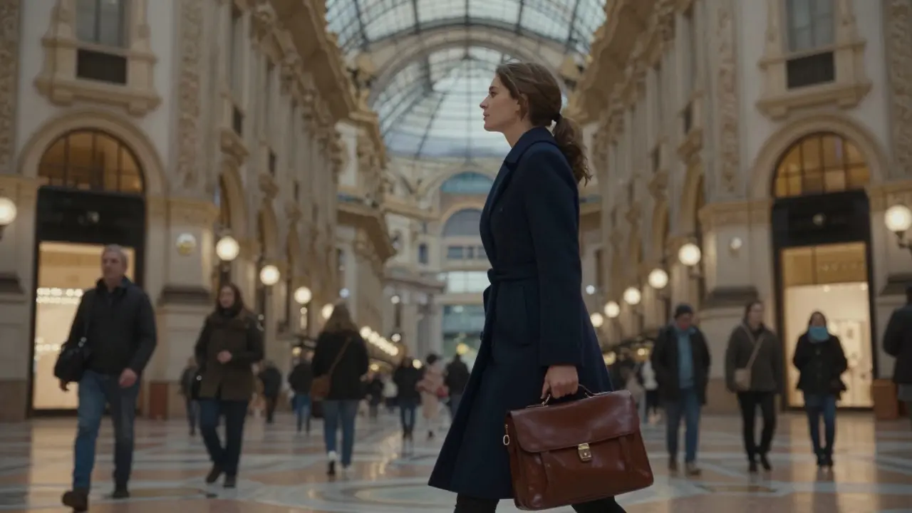 A woman in a navy coat walks through Milan's Galleria Vittorio Emanuele II at dusk, reflection visible in the glass ceiling, calm and elegant.