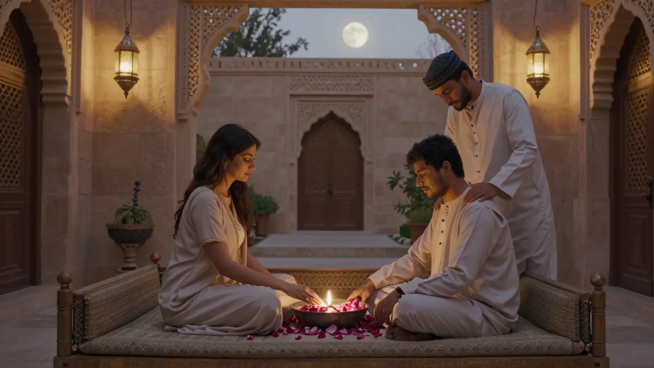 A woman offering warm oil massage in a lantern-lit Emirati courtyard, rose petals floating nearby.