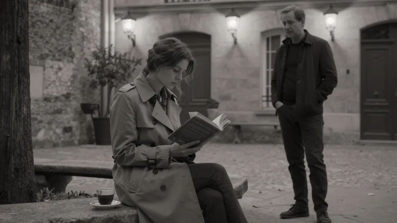 A woman reading on a stone bench in a quiet Paris courtyard, evening lanterns casting a warm glow.