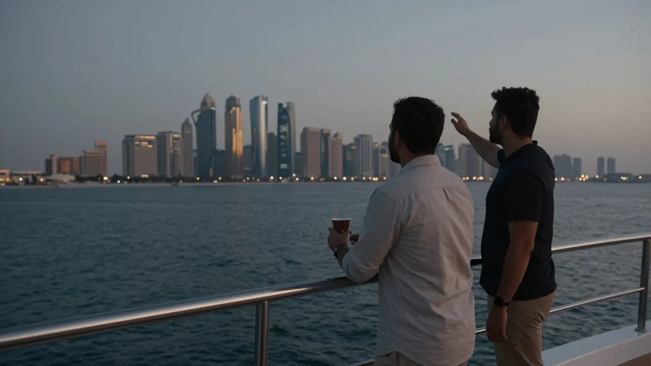 A yacht at dusk with two figures silently watching the Abu Dhabi skyline, a cup of camel milk chocolate in hand.