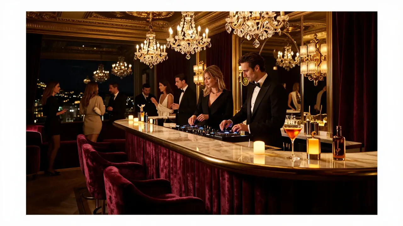 An elegant lounge in Monaco’s Hôtel de Paris with velvet decor, a DJ mixing music, and stylish guests.