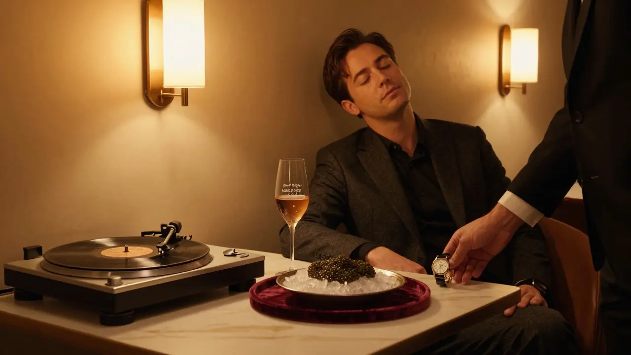 An intimate lounge at Le Plongeoir with caviar, vintage wine, and a silent moment of quiet exclusivity.