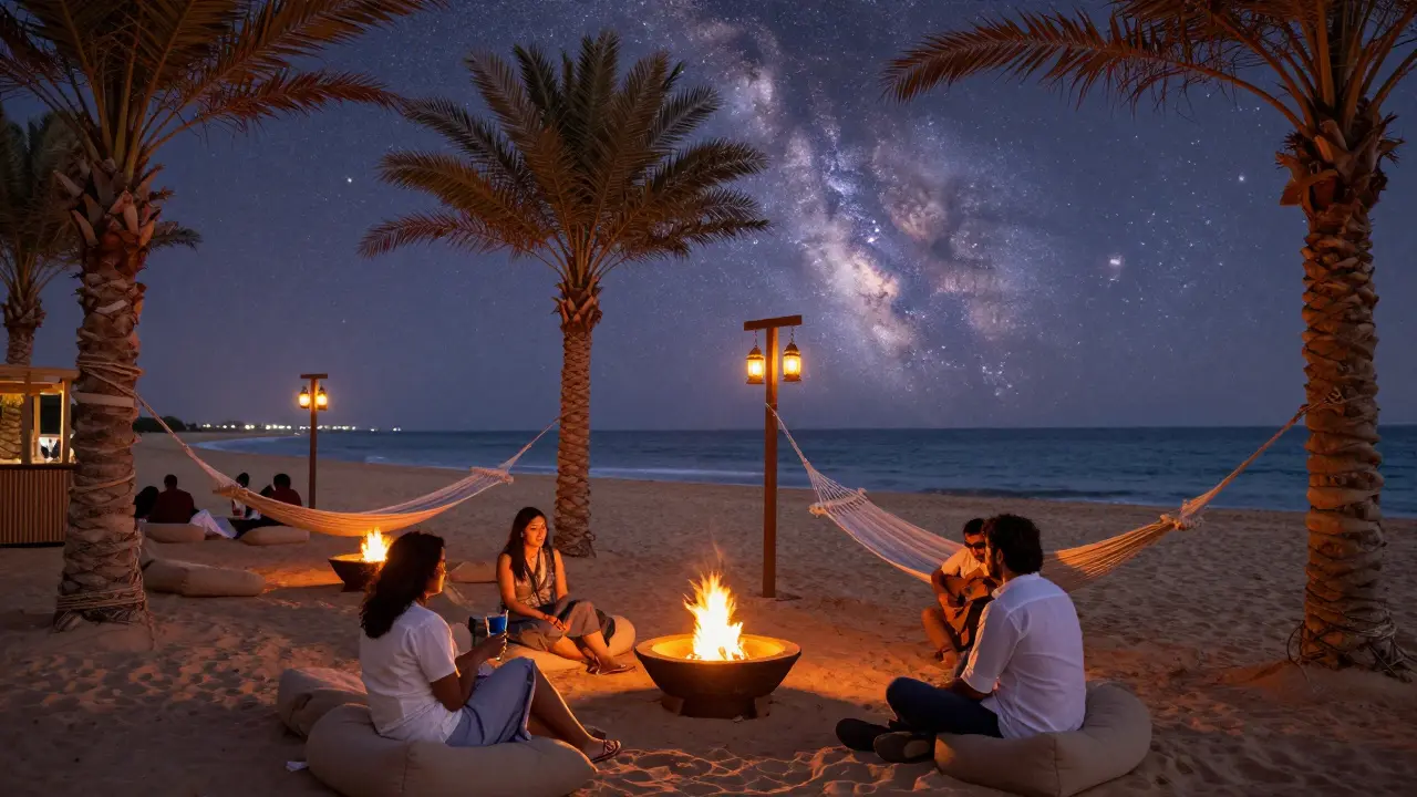Beachside lounge at Al Fardan with fire pits, hammocks, and lanterns under a starry desert sky.