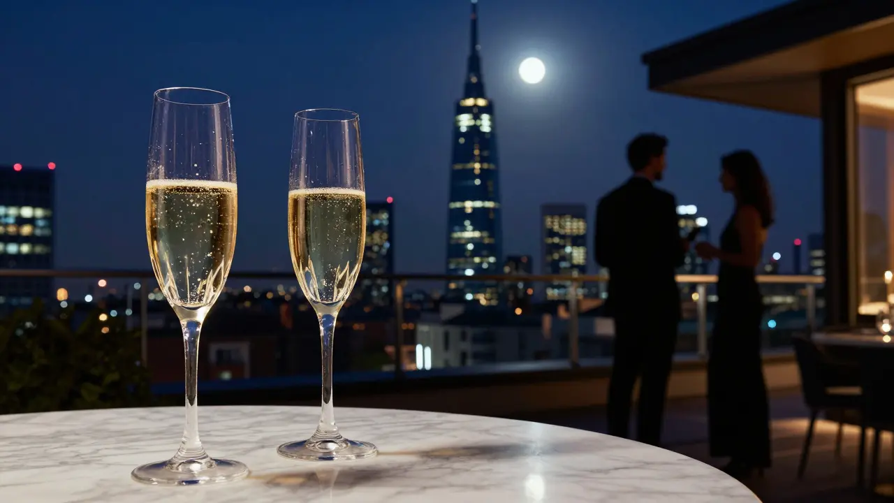 Champagne flutes on rooftop with city tower view