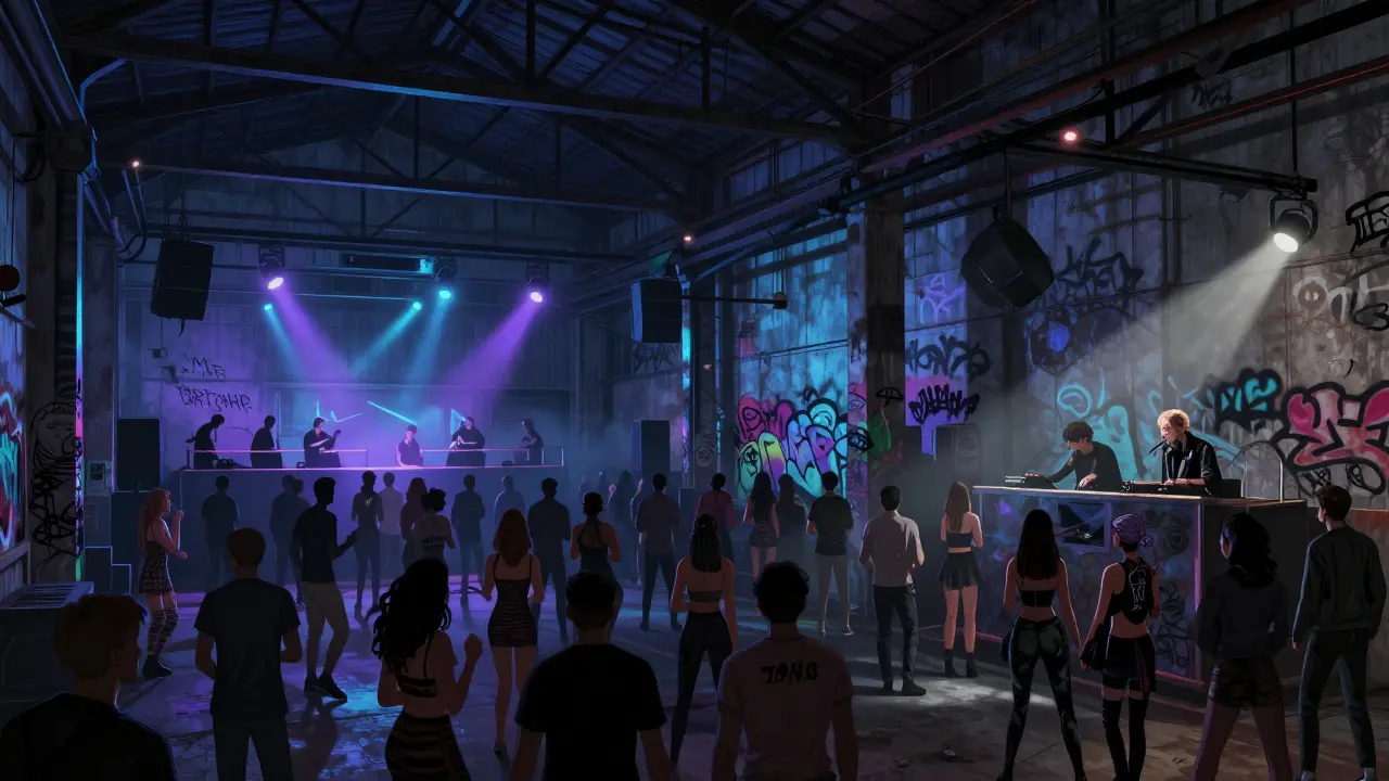 Crowd dancing under UV lights in an industrial warehouse turned underground club in Zona Tortona.