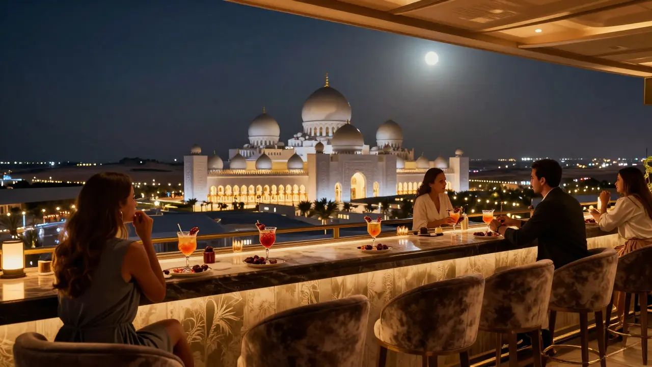 Elegant rooftop lounge with guests enjoying cocktails while overlooking the illuminated Sheikh Zayed Grand Mosque.