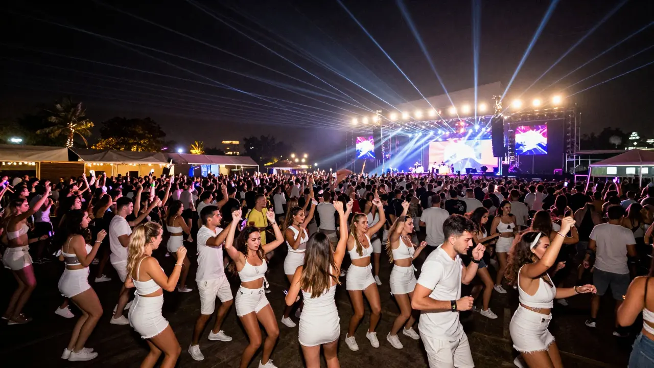 Energetic crowd dancing at an outdoor nightclub with bright laser lights and white attire.