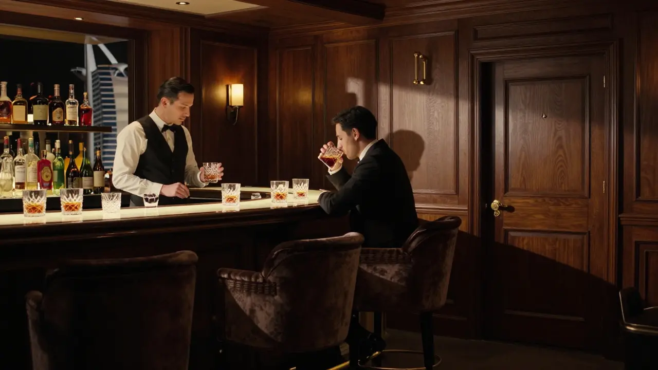 Exclusive speakeasy inside Burj Al Arab with rich wood interiors, candlelight, and a bartender serving whiskey.