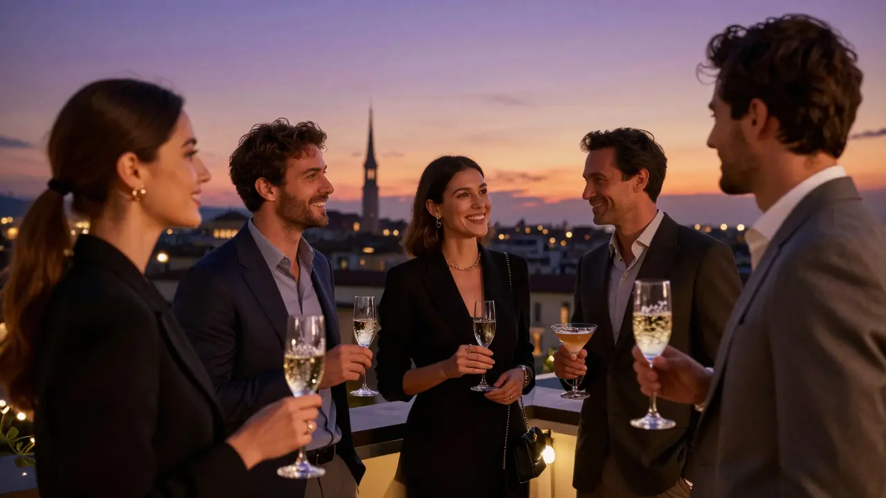 Fashionable group drinking cocktails on a rooftop terrace with Milan skyline at dusk.