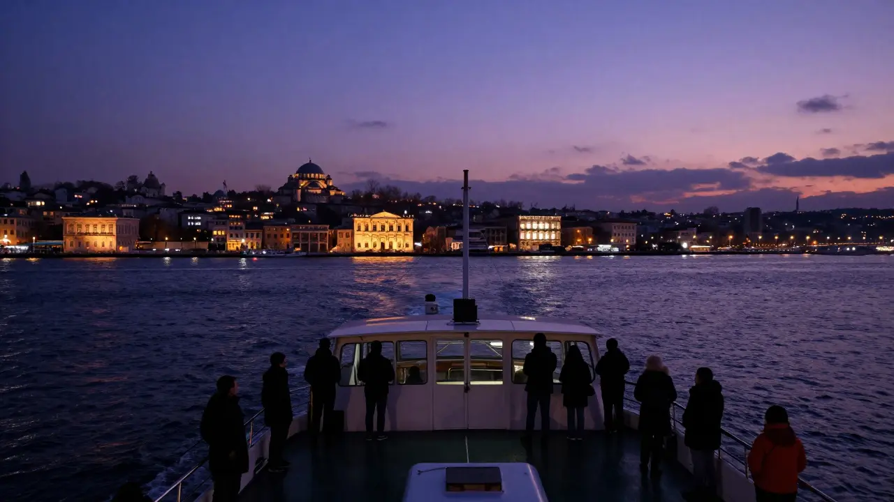 Ferry passengers viewing illuminated Bosphorus shoreline palaces at night