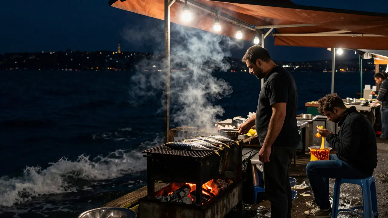 Freshly grilled mackerel served on a pier at 3 a.m., a lone diner eating with lemon and chili oil as waves lap below.