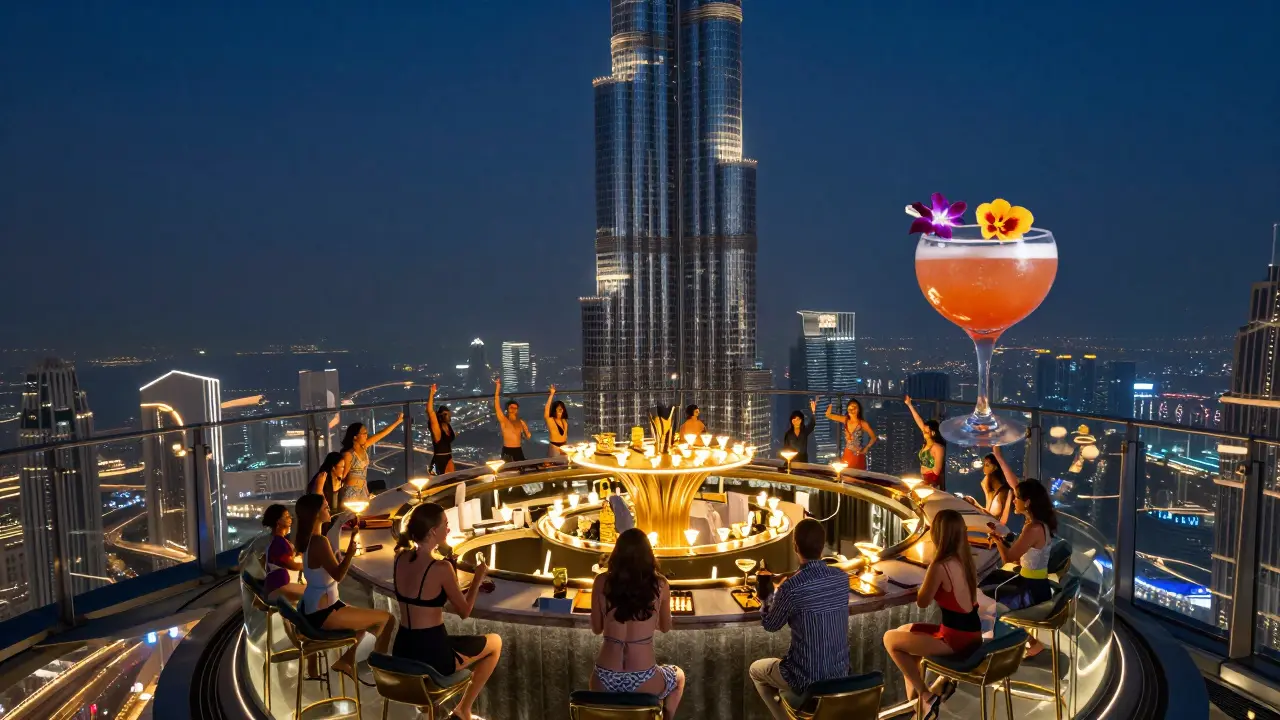 Guests dancing at Sky View Bar with the Burj Khalifa below, sipping golden-rimmed cocktails under a night sky.