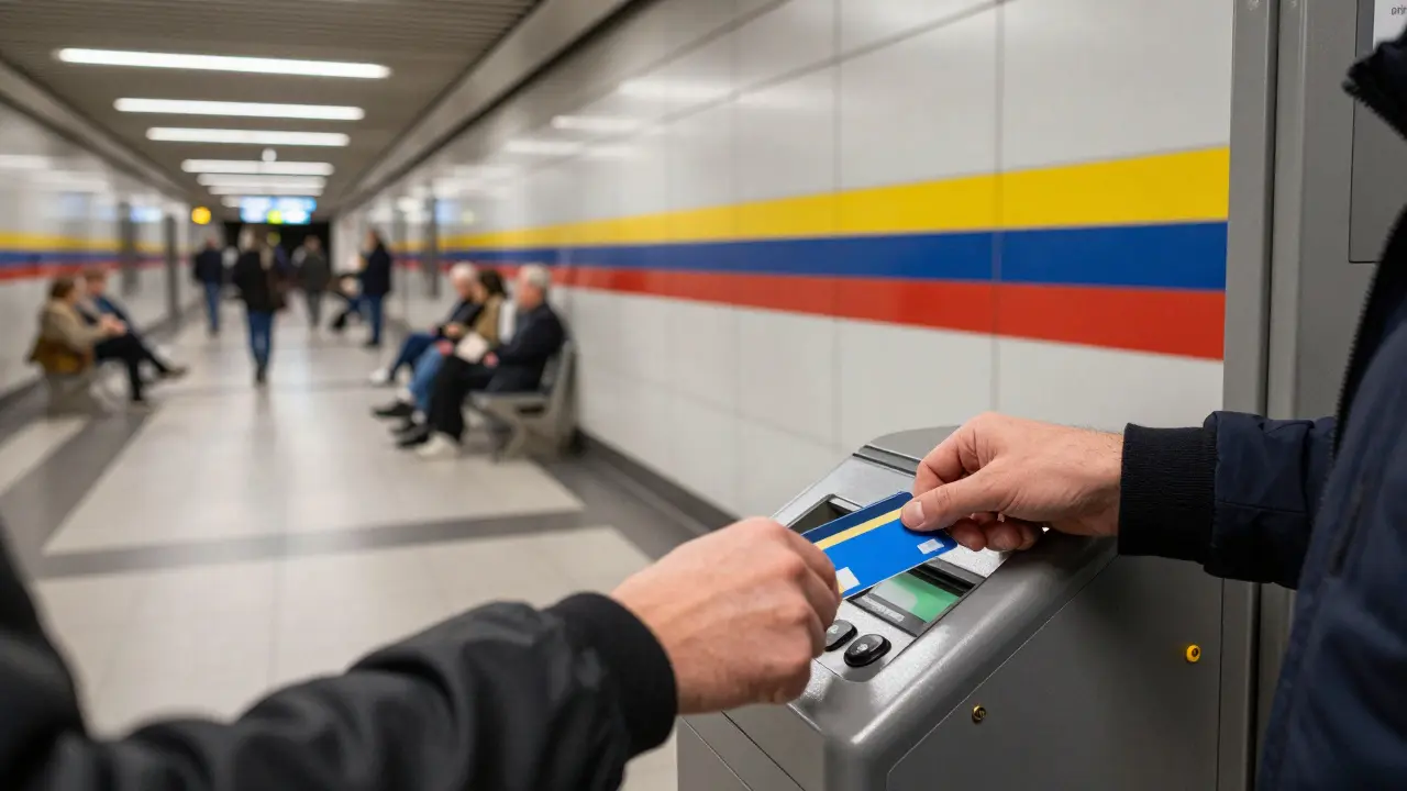 Hand placing electronic ticket card into metro validator machine.