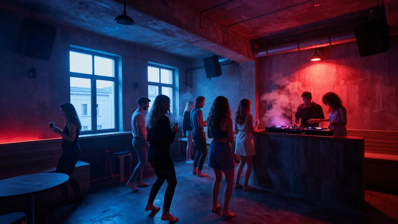 Industrial nightclub Concrete at night with vibrant strobe lights and diverse crowd dancing barefoot on concrete floor.