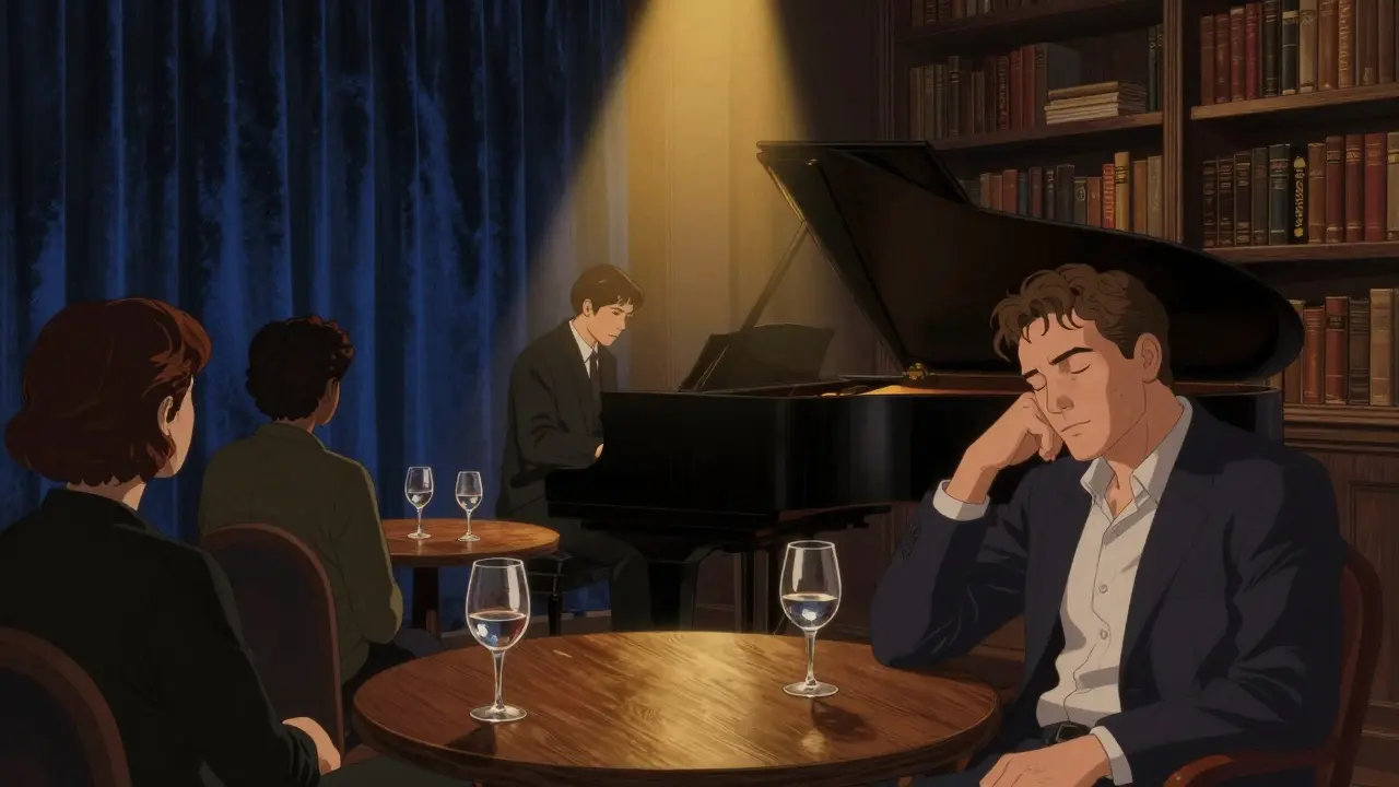 Intimate jazz club scene with a pianist playing as listeners sit in quiet awe, dimly lit with warm wood tones.