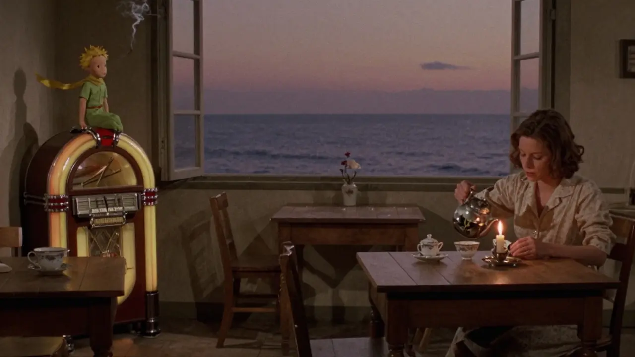 Le Petit Prince bar at dawn, empty except for a woman pouring tea, jukebox playing Piaf as the first light touches the sea.