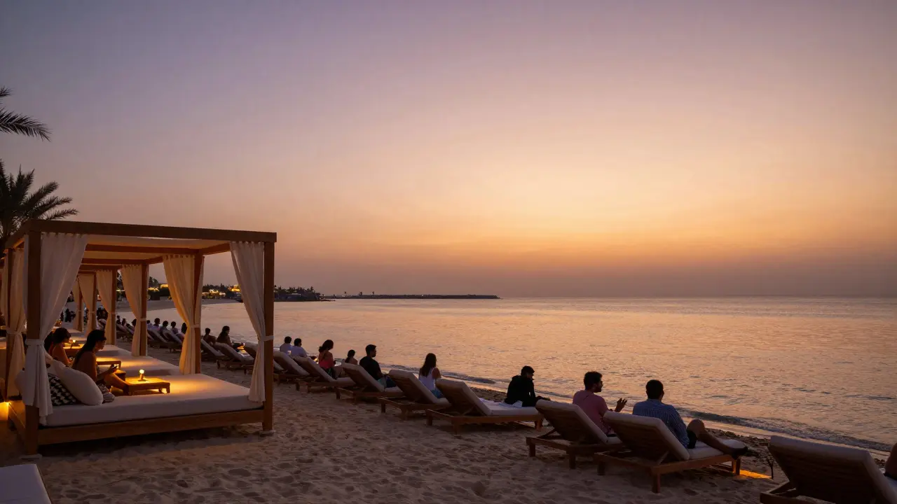 Luxurious beach club cabanas on the Palm Jumeirah during a vibrant sunset celebration.