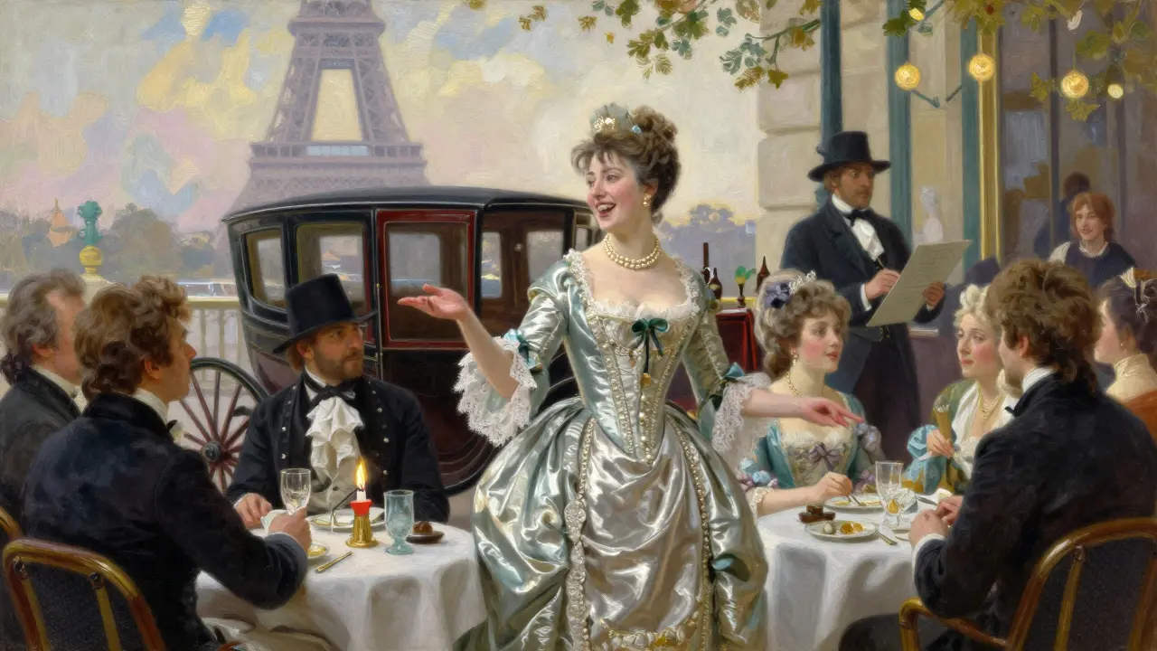 Madame du Barry in an 18th-century Parisian café, engaging with aristocrats under soft gaslight.