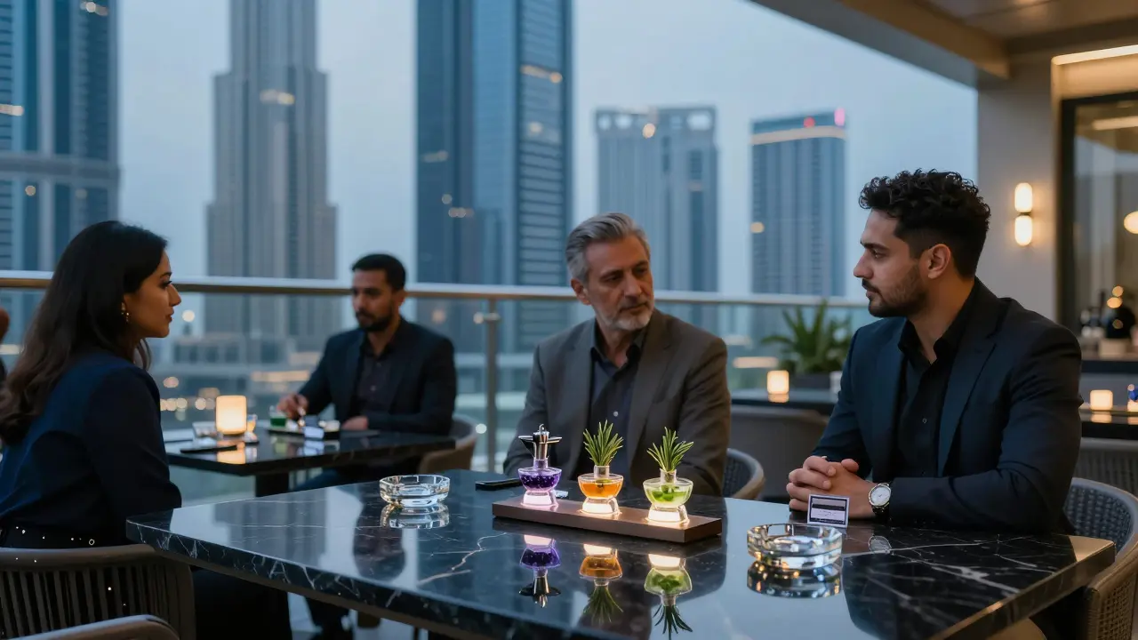 Modern shisha lounge on a high-rise terrace with three flavored hookahs and LED-lit ashtrays under ambient lighting.