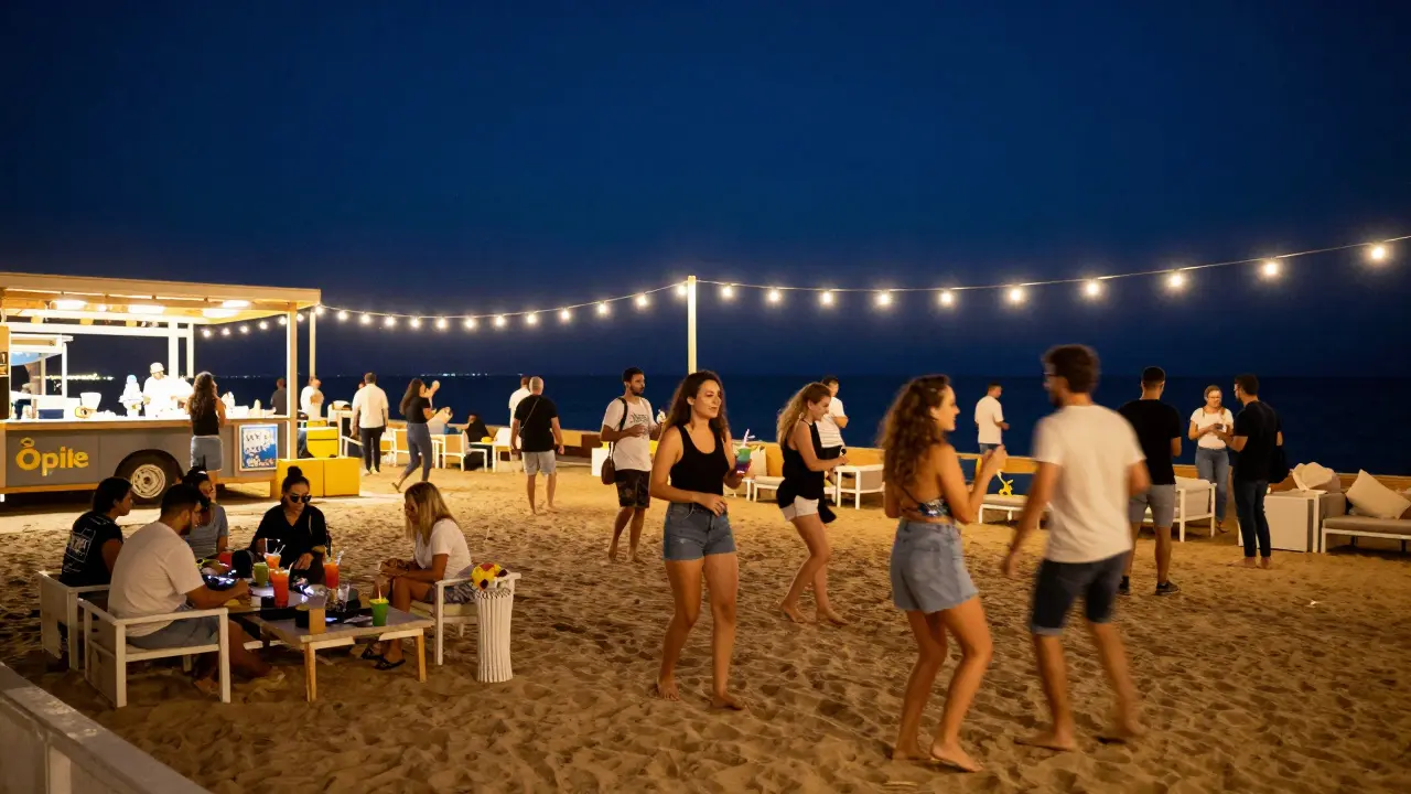 People dancing barefoot on a beach club sand floor under string lights and starry sky.