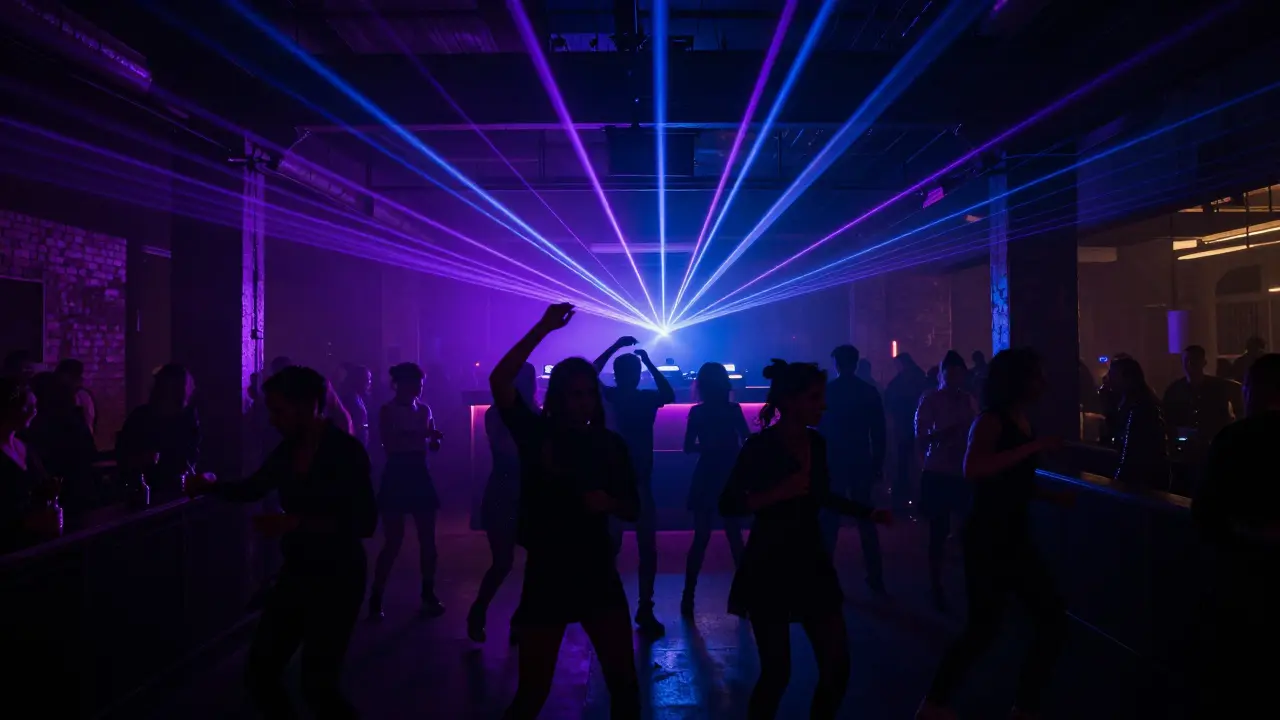 People dancing in a dark Milan nightclub with purple laser lights and industrial decor.
