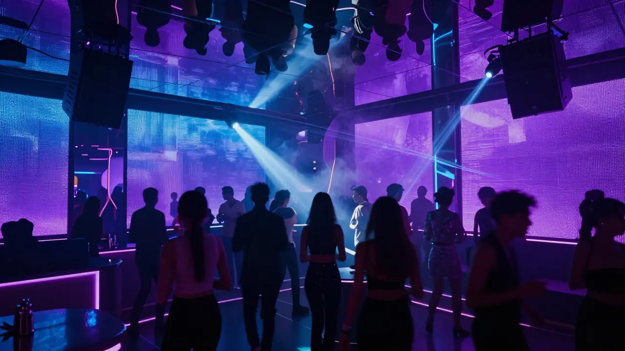 People dancing under pulsing LED lights and mirrored ceilings inside White Dubai club.