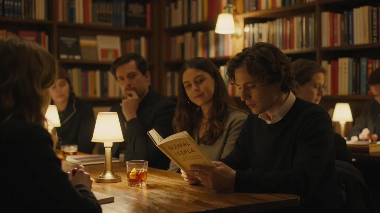 People reading silently in a book-filled bar with golden lamp light.