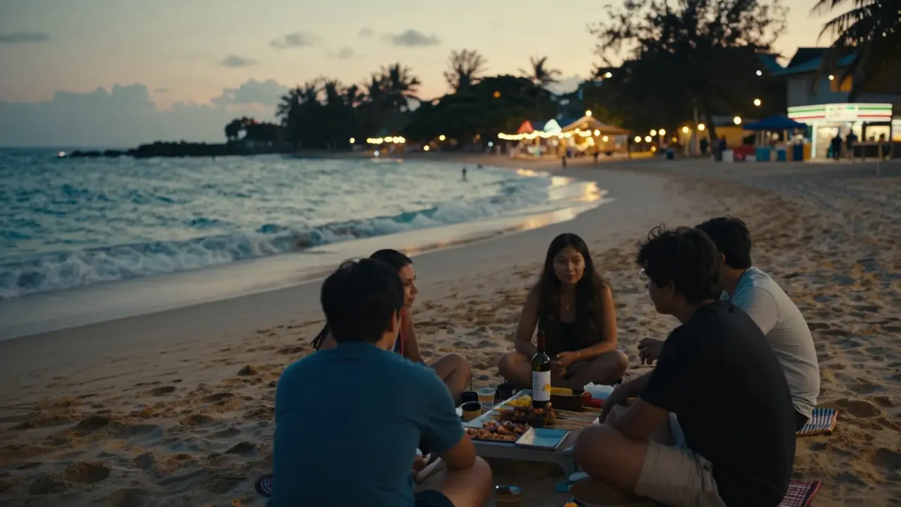 People relaxing on Yas Beach at sunset with wine and seafood, distant club lights twinkling, waves rolling in.