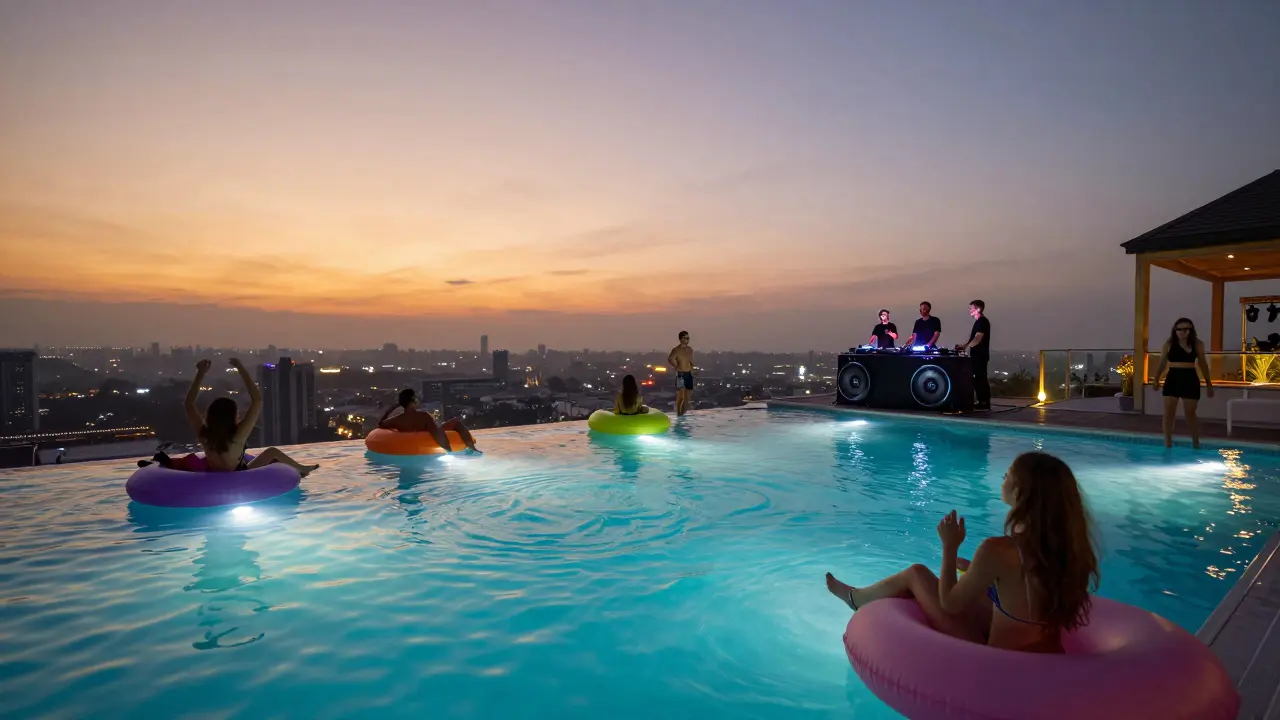 Revellers floating in a glowing infinity pool while others dance beside it at Zero Gravity club.